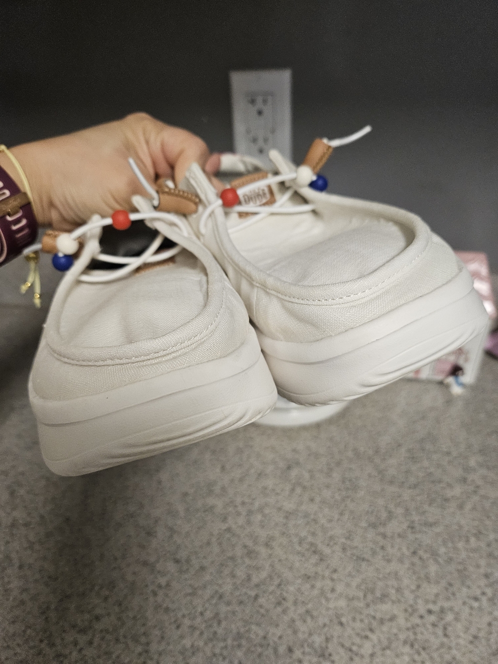 Hey Dude Women's Cream Canvas Slip-On Flats with Red & Blue Bead Accents - Picture 9 of 11